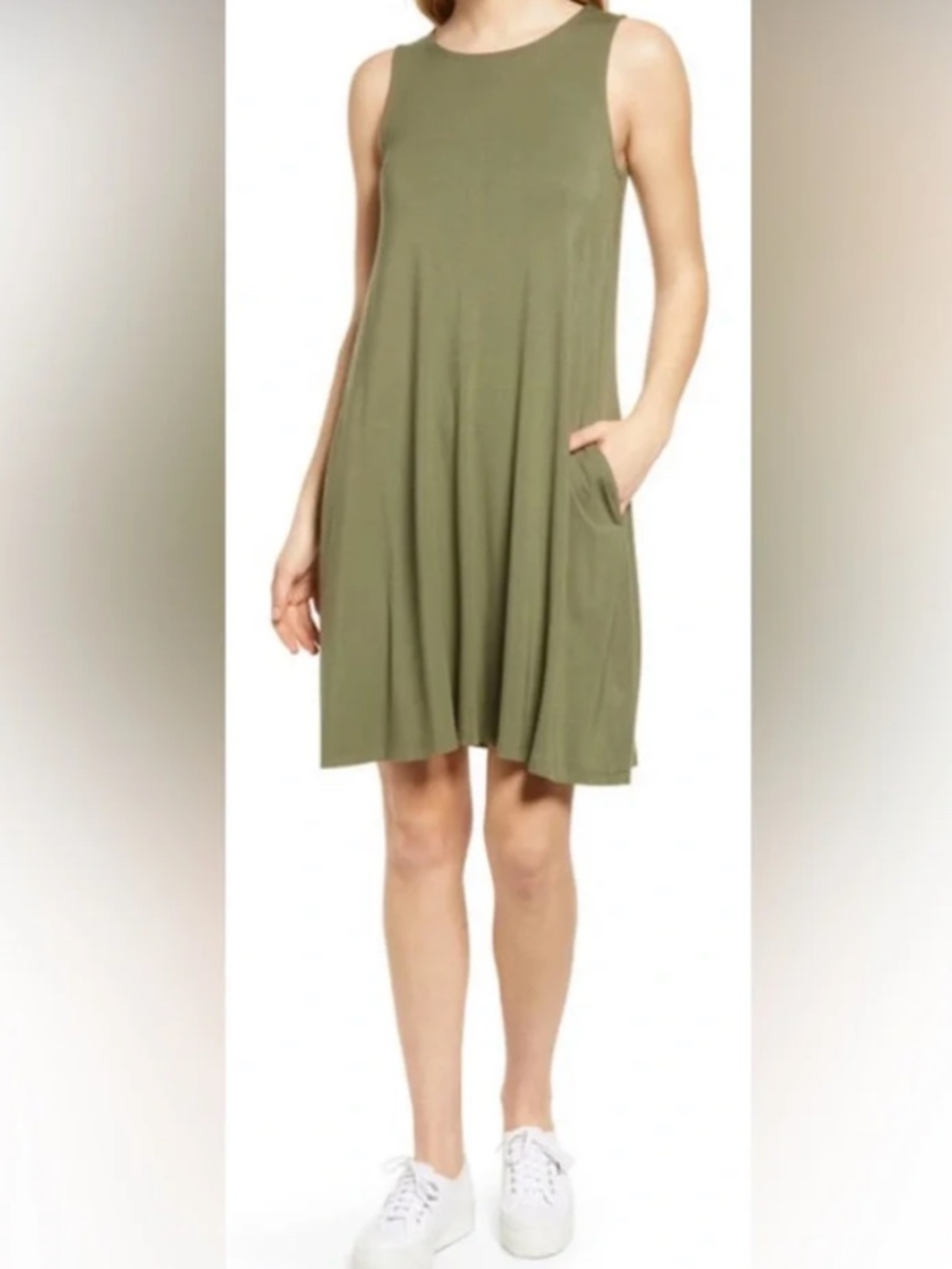 Nordstrom Caslon Olive Green Sleeveless Swing Dress Size Medium (8-10)
